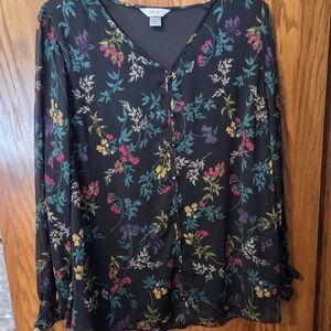 CJ Banks Black Blouse with Multicolor Floral Design